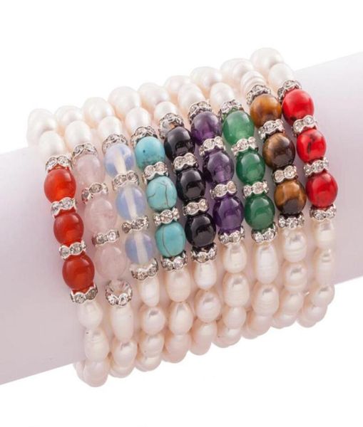 

9colors fresh water pearl opal crystal beaded strands stretchy bracelets fashion jewelry br068516341, Black