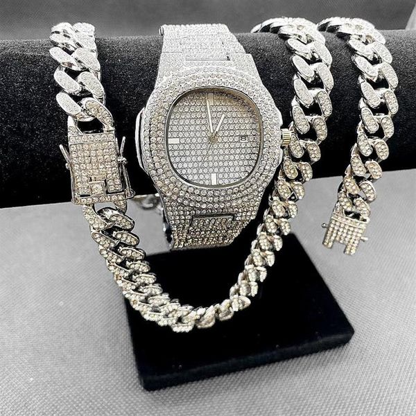 

wristwatches 3 2pcs necklace watch bracelet hip hop miami cuban chain gold color iced out paved rhinestone rapper men jewelry set 282j, Slivery;brown
