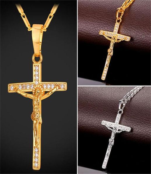 

crucifix cross necklace pendant for women men platinum plated 18k real gold plated jewelry with cubic zirconia6442920, Silver