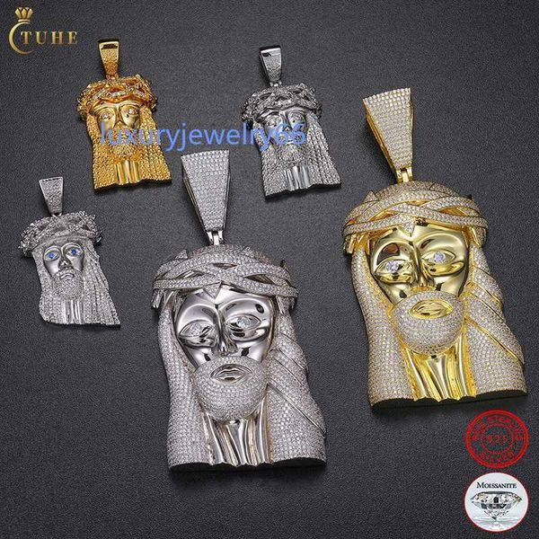 

pass diamond tester vvs moissanite iced out jesus head face pendant bling 925 sterling silver big piece hip hop jewelry for men
