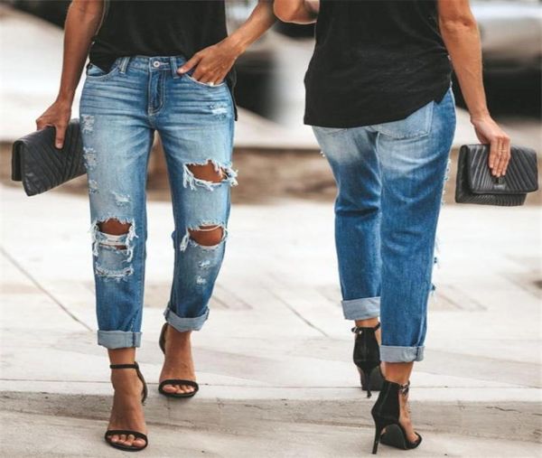 

women039s jeans trend hole ripped women skinny streetwear fashion summer mid waist stretch destroyed denim pants ladies distres1449285, Blue