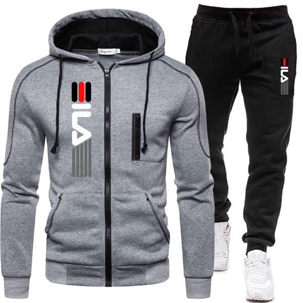 

men's tracksuits solid men's zipper jacket hooded pullover sweatpants sports casual jogger sportswear 2 piece male fleece streetwe, Gray
