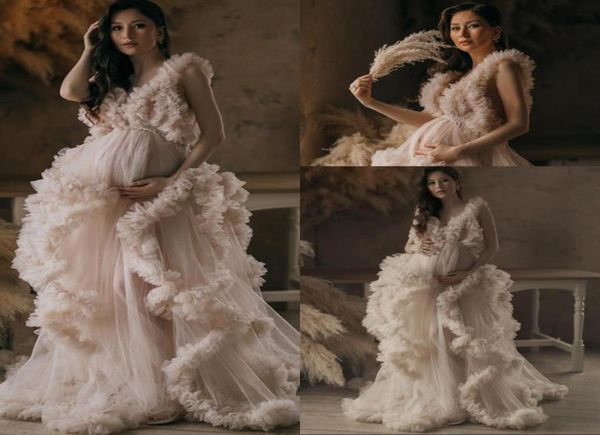 

2021 chic champagne tulle kimono women evening dresses wear maternity robe for poshoot v neck prom gowns african cape cloa4919507, Black;red