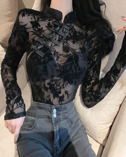 

new design women039s stand collar perspective gauze lace long sleeve cheongsam style tshirt plus size sml3585217, White