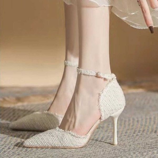 

2023 spring new fashionable french pointed small fragrance rough cloth woolen one piece high heel sandals 230811, Black