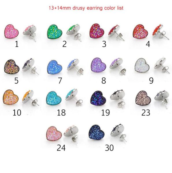 

bulk women druzy stud earrings round and heart shape resin stone drop stainless steel hypoallergenic earrings for female fashion j5085744, Golden;silver