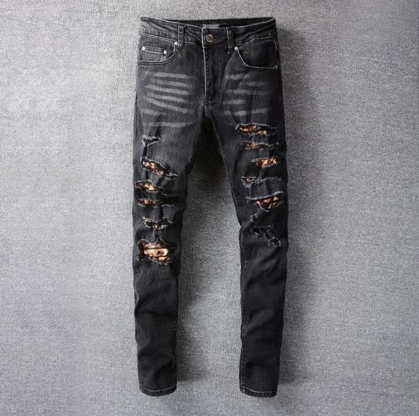 

casual fashion brand mens jeans amr black trousers streetwear striped patch hole jean for men stretch slim feet pencil pants6499464, Blue