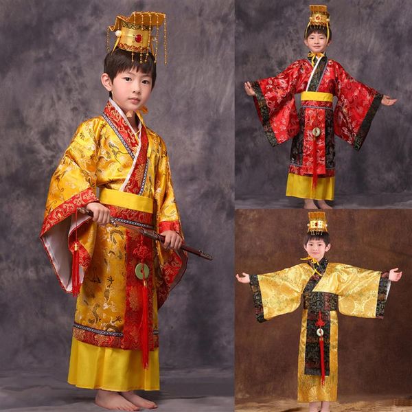 

child chinese traditional hanfu dress men boys emperor king stage red clothing children costumes tang suit kids robe hat sets260s, Black;red