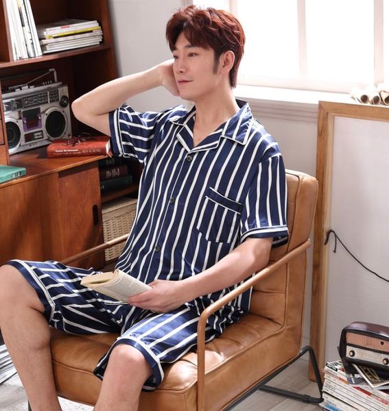 

2019 summer short sleeve silk satin pajamas sets for men casual striped sleepwear male lounge wear pyjama homewear home clothes1323560, Black;brown