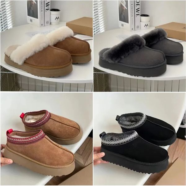 

designer women slippers platform fluffy wool sandals ug famous shoes australia sheepskin fur real leather classic brand casual out tdpaya, Black