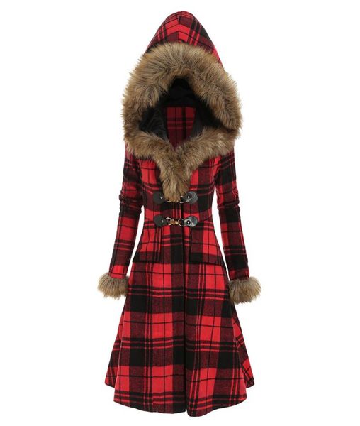 

vintage outerwear winter long sleeve plush neck jumper hoodies coat plaid autumn casual parka women outwearg71789203, Black;red