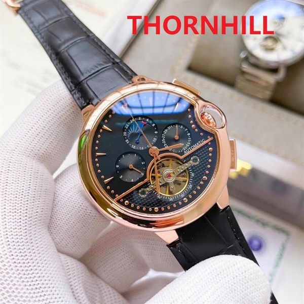 

mens mechanical automatic roman moon watches classic style 48mm black brown genuine leather strap 5atm waterproof super bright wri240c, Slivery;brown