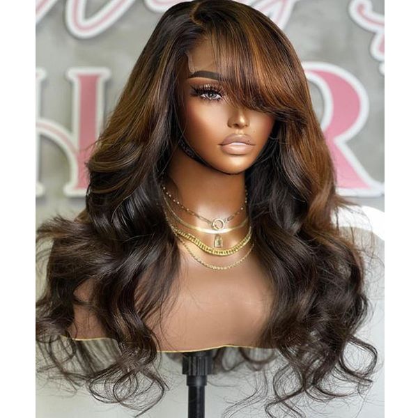 

220%density Heavy Bangs Light Brown 5x5 Lace Closure Human Hair Wigs for Women Glueless Pre Plucked 360 Lace Frontal Fringe Wigs Remy, Mix color