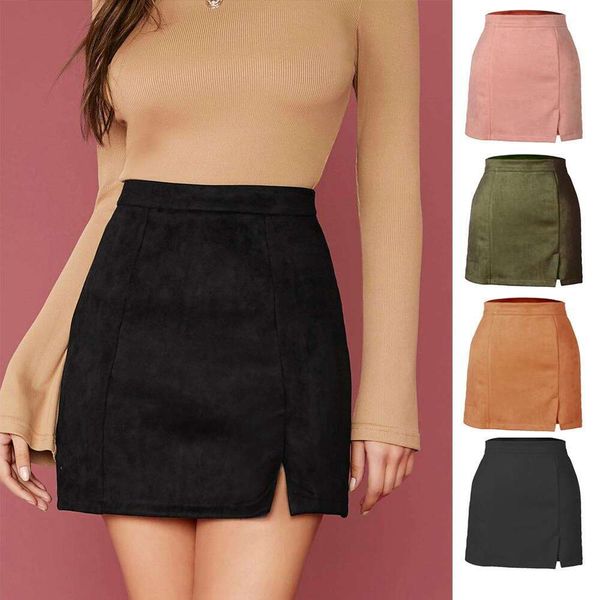 

suede skirt a line high waisted fashionable womens clothing mini tight fitting pure desire uniform, Black