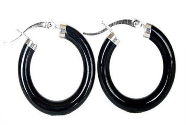 

new fashion black agate onyx 925 sterling silver snap closure hoop earrings5877328