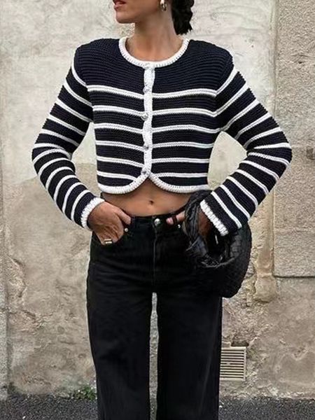 

womens sweaters vintage striped cardigan women autumn knitted sweater female high street crop cardigans ladies elegant contrast o neck jumpe, White;black