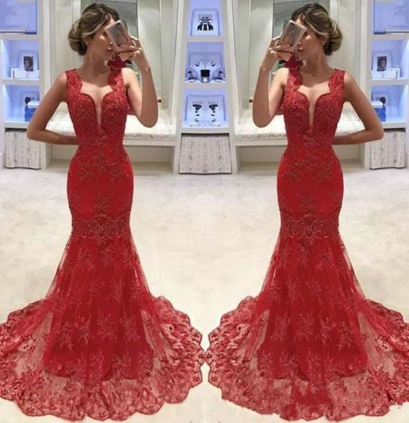 

new arrival mermaid red prom dresses deep v neck full lace appliques beaded formal long evening party gowns8536010, Black