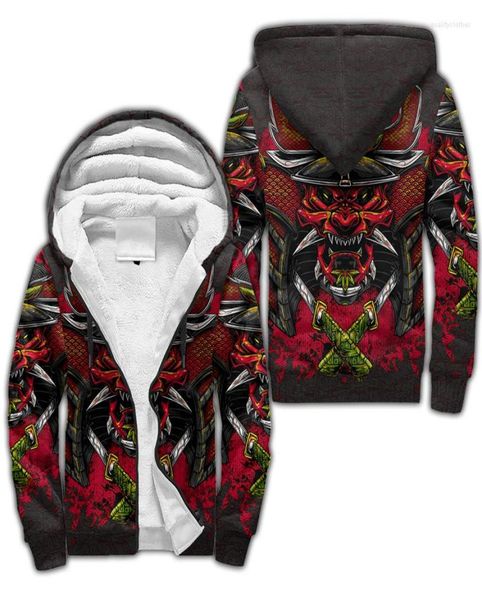 

men039s hoodies fashion oni mask samurai tattoo pattern 3d printed winter thicker zip hoodie casual hooded coat tracksui9578631, Black