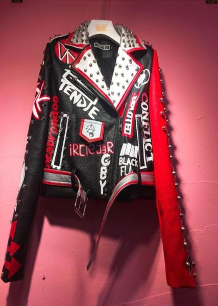 

leather jacket women graffiti colorful print rivet biker jackets and coats punk streetwear ladies short jacekt outerwear clothes w2256435, Black