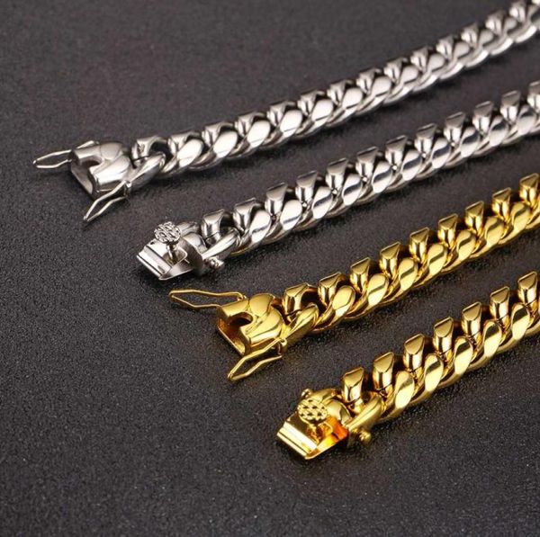 

12mm mens hip hop jewelry sets 316l stainless steel cuban link chains double safety clasp necklaces bracelets 24inch6014980, Silver