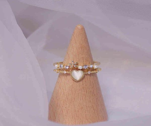

delicate cat eye zircon heart shape double for women flower pearl solitaire ring bague daily date party jewelry accessories2691602, Golden;silver
