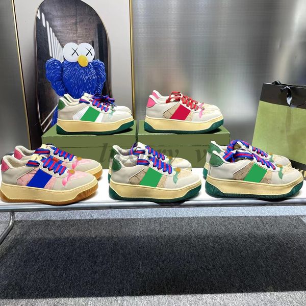 

designer screener sneakers women casual shoes vintage stripe dirty shoe platform leather sneaker red green web rubber sole trainer, Black