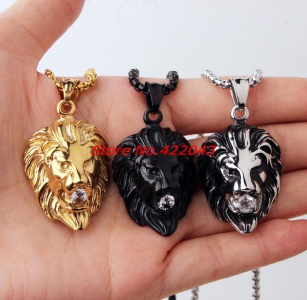 

hip hop lion crystal head pendant necklace for mens stainless steel male jewelry friendship gift silver gold black color choose c4789619