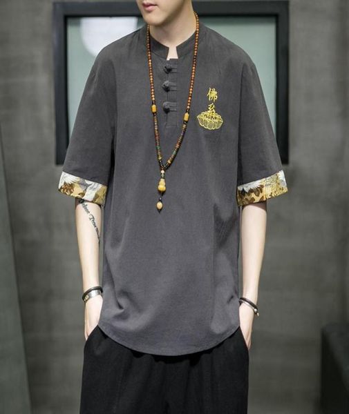 

men039s tshirts embroidered chinese characters short sleeve t shirt men summer quality cotton linen oversized stand collar cam3991679, White;black