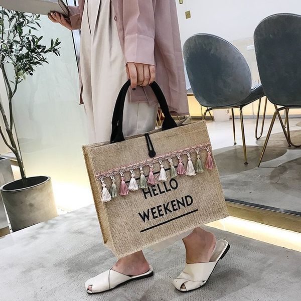 

evening bags women summer beach bags handbags large capacity lady tassel shoulder bag big letter linen casual girls travel shopping bag 2308