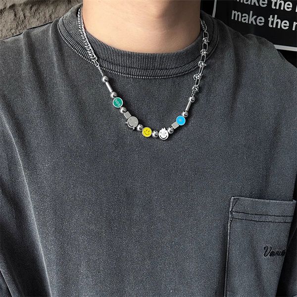 

ins hip hop fashion brand design 666 lightning smiling face splice necklace titanium steel couple male and female accessories, Black