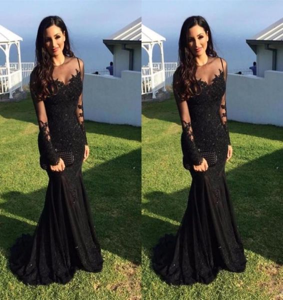 

black arabic satin mermaid prom dresses sheer long sleeves lace appliques beaded plus size formal party evening gowns robes de soi2366082