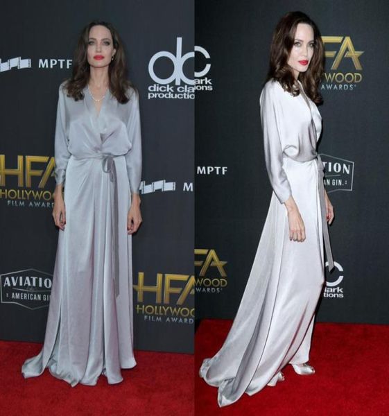 

dusty gray angelina jolie style evening dresses with sleeve silk stain v neck prom dresses casual runway formal gowns robes d5896686, Black;red