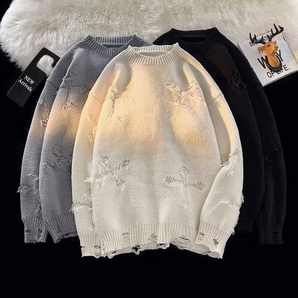 

men's sweaters autumnand y2k street clothes streetwear men retro hole tassel sweater loose joker sweater men and women long sleeve 2308, White;black