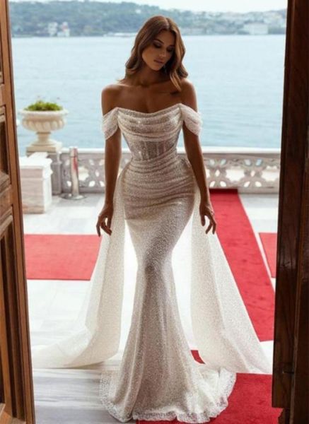 

sparkle white sequined mermaid wedding dresses with detachable overskirt 2022 fish bone off the shoulder bride dress corset trumpe3869942