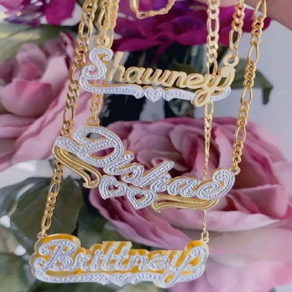 

strands strings customized double name necklace personalized layer heart nameplate custom two tone pendant stainless steel jewelry gift 2308, Black