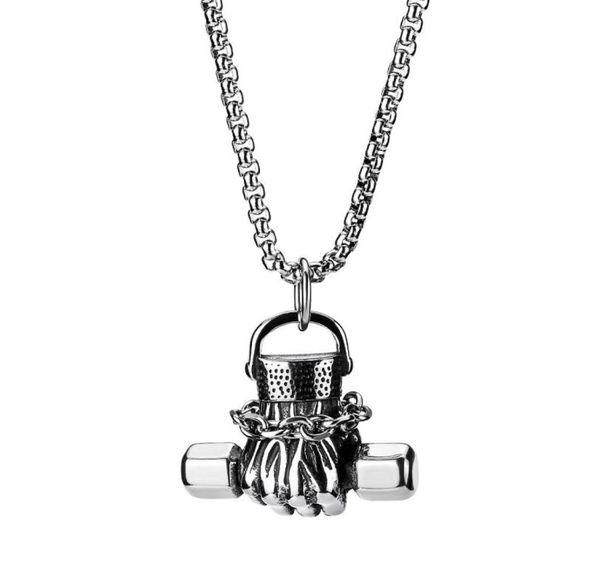 

fashion design men stainless steel holding dumbbell pendant necklace hip hop jewelry 70cm long link chain punk designer necklaces 1251815, Silver
