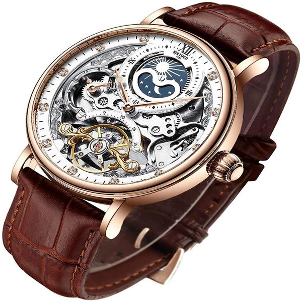 

mens luxury skeleton automatic mechanical wrist watches leather moon phrase luminous hands self-wind wristwatch266s, Slivery;brown