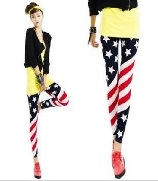 

personality aman flags stars new fashion women milk silk color slim thin tenths pants graffiti leggings 517074, Black