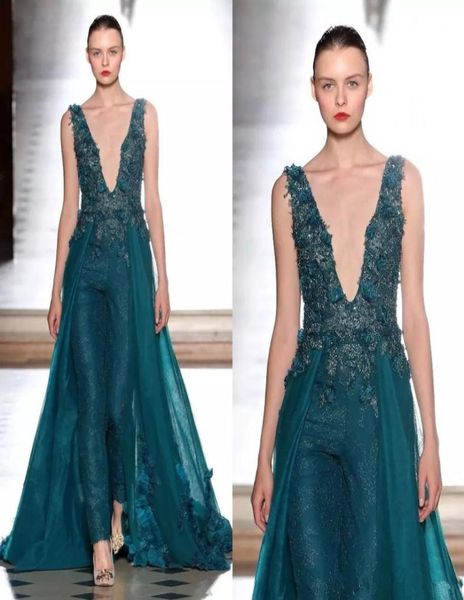 

2019 fashion lace jumpsuit evening dresses with overskirt beaded prom gowns vestidos festa tulle deep v neck sequined formal party3771345, Black;red