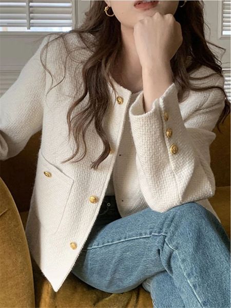 

womens jackets oneck unique special short tweed jacket women korean elegant gentle white famous ladys coat solid black cropped outwear 23082, Black;brown
