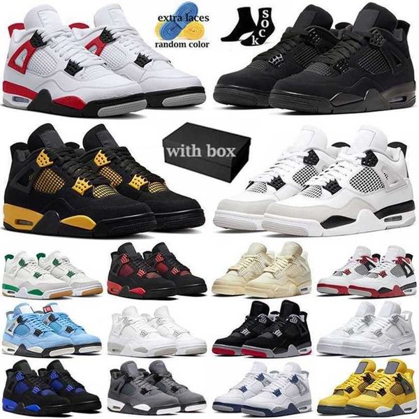 

box with 4 basketball shoes for men women military black cat 4s fire red cement thunder white oreo pine green sail infrared bred mens sneake