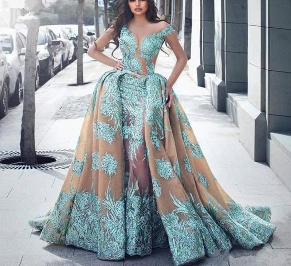 

haute couture overskirt mermaid prom dresses illusion neckline detachable train lace appliques long evening dress robe de soiree2572364, Black
