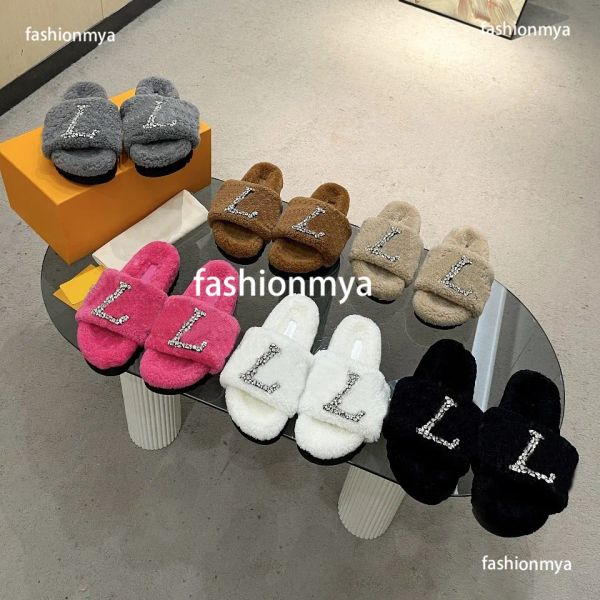 

designer slippers women slippers wool slipper crystal sandals warm slippers winter slides scuffs sandal fluffy fuzzy fur slipper, Black