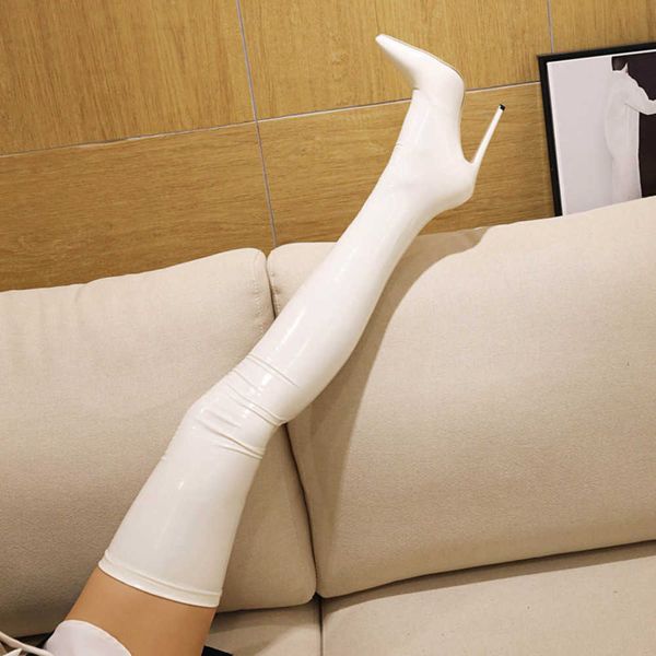 

high elastic boots white 2022 spring/summer new fine heel red lacquer leather over knee long thigh size 41 230822, Black