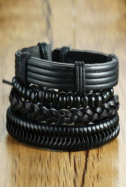 

4pcs lot vintage black leather friendship bracelets set for male bangle braclet braslet man pulseira masculina jewelry3771849, Golden;silver