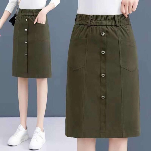 

casual skirt for women spring and summer style elastic high waist a line hip medium long one step short, Black