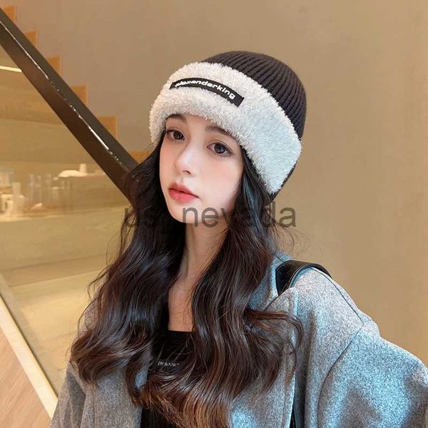 

beanieskull caps 2023 autumnwinter korean edition shown white woolen hat womens bright silk plush patch knitted hat big head surround shown, Blue;gray