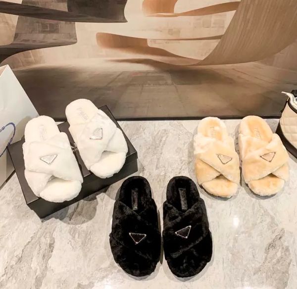 

new autumn and winter luxury designer fashion women's wool sandals slippers triangle label stitching pattern thick bottom cross wo fuoi, Black