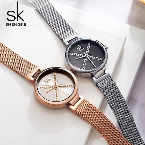 

cwp shengke crystal watch women waterproof rose gold steel strap ladies wrist watches brand meshband clock relogio feminino264a, Slivery;brown