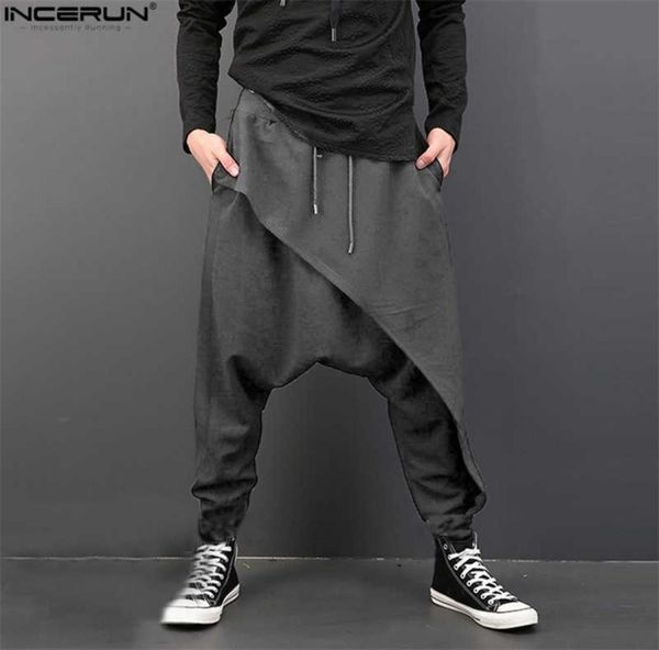 

incerun vintage men loose drop crotch drape pants dance baggy trousers men drawstring harem pants men pantalon hombre plus size 203202320, Black